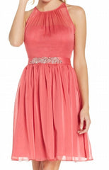 Adrianna Papell Vestido de chiffon coral con aplicaciones. Talla 8