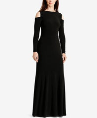 RALPH LAUREN Vestido de noche color negro manga larga. Talla 8
