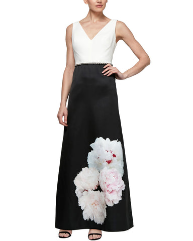 SLNY Vestido de noche con faldón de satin estampado floral. TALLA 12