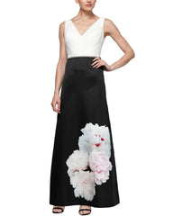 SLNY Vestido de noche con faldón de satin estampado floral. TALLA 12